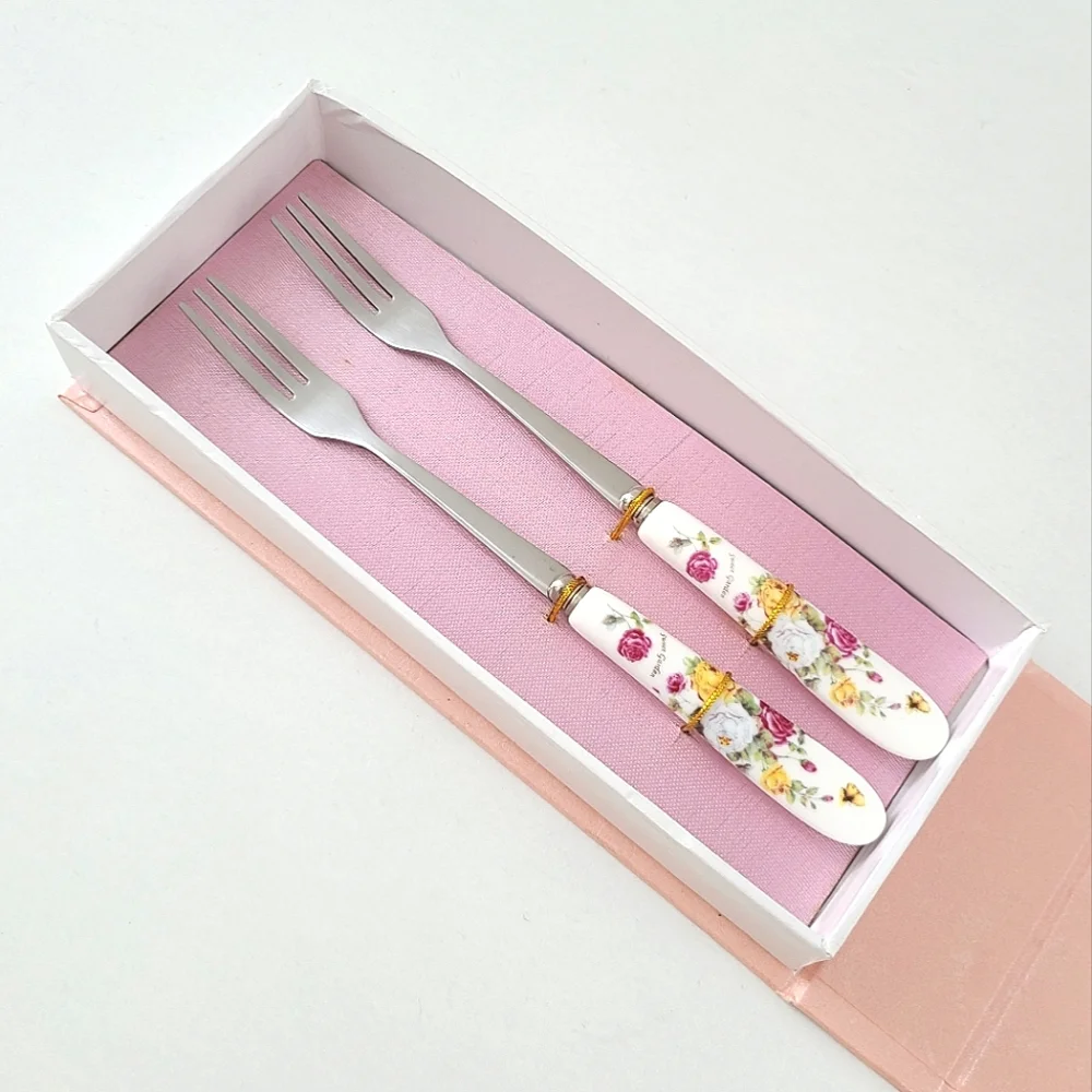 Stainless steel porcelain fork gift box set of 2 rose floral